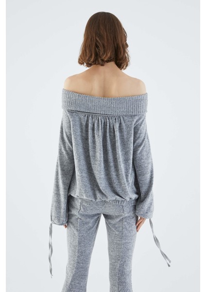 Omuz Dekolteli Gri Sweatshirt-K2154114-434