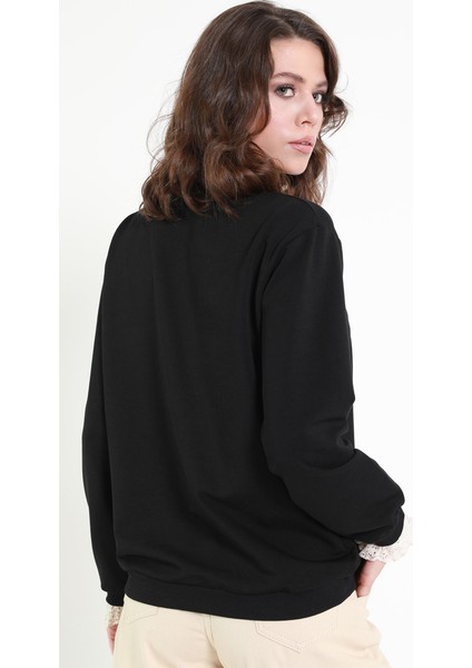 Dantel ve Baskı Detaylı Vintage Sweatshirt