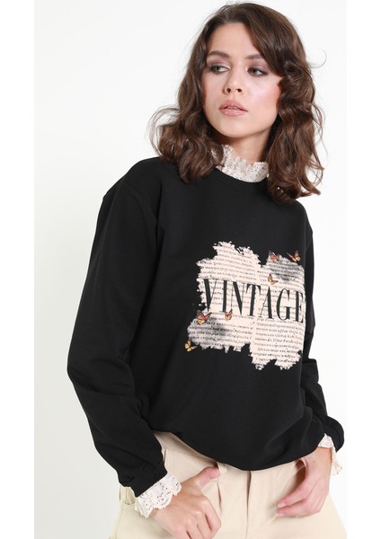 Dantel ve Baskı Detaylı Vintage Sweatshirt