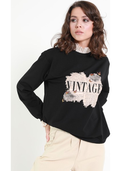 Dantel ve Baskı Detaylı Vintage Sweatshirt