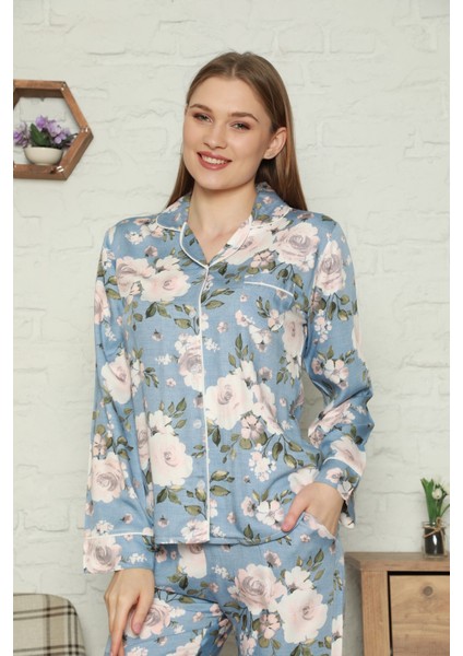 Bayan Dokuma Pamuk Saten Uzun Kollu Pijama Takımı