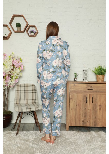 Bayan Dokuma Pamuk Saten Uzun Kollu Pijama Takımı