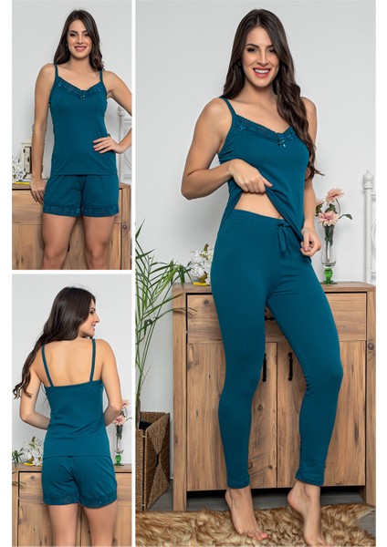 Kadın Petrol Renkli Dantel Detaylı Şortlu ve Taytlı Pijama Takımı 3'lü Set 75007