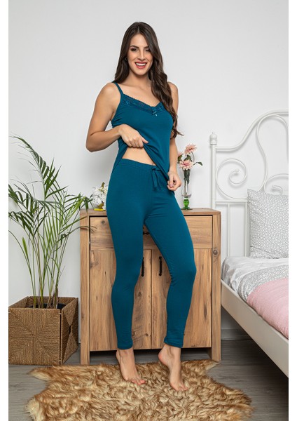Kadın Petrol Renkli Dantel Detaylı Şortlu ve Taytlı Pijama Takımı 3'lü Set 75007