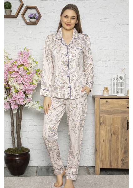 Bayan Dokuma Pamuk Saten Uzun Kollu Pijama Takımı