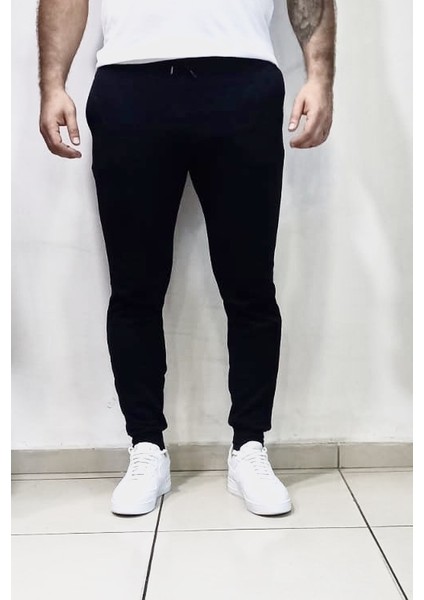 Çift Cep Lastikli Paça Dar Kesim Pamuk Outdoor Siyah Erkek Eşofman Altı