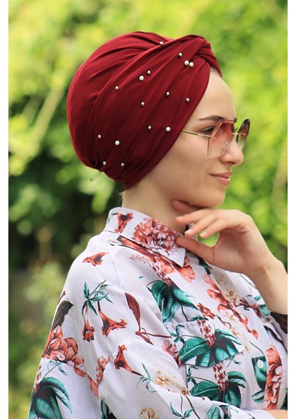 Incili Hazır Modelli Olmayan Dolama Bone Bordo Renk