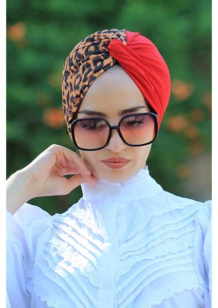 Çift Renkli Hazır Dolama Bone Kırmızı Leopar