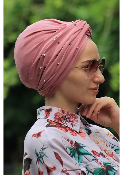 Incili Hazır Modelli Olmayan Dolama Bone Gül Kurusu Renk