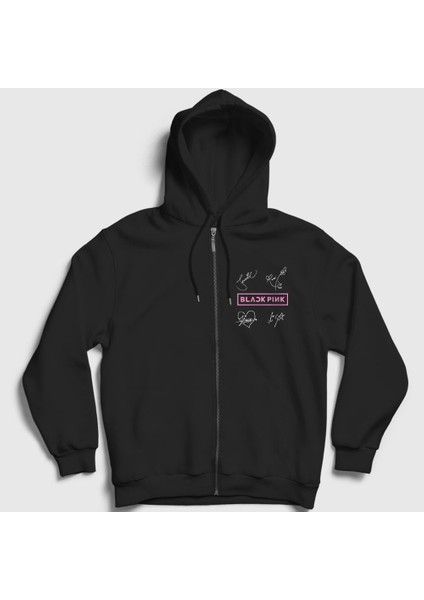 Unisex Siyah Signs Blackpink Fermuarlı Kapüşonlu Sweatshirt