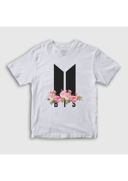 Unisex Çocuk Beyaz Flowers Bts T-Shirt
