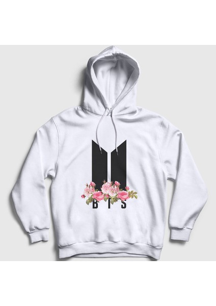 Unisex Beyaz Flowers Bts Kapüşonlu Sweatshirt
