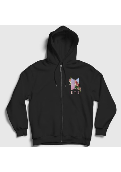 Unisex Siyah Roses Bts Fermuarlı Kapüşonlu Sweatshirt