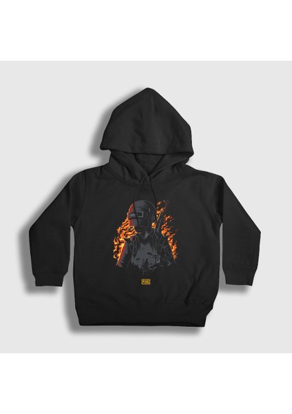Unisex Çocuk Siyah Alevler Pubg Kapüşonlu Sweatshirt