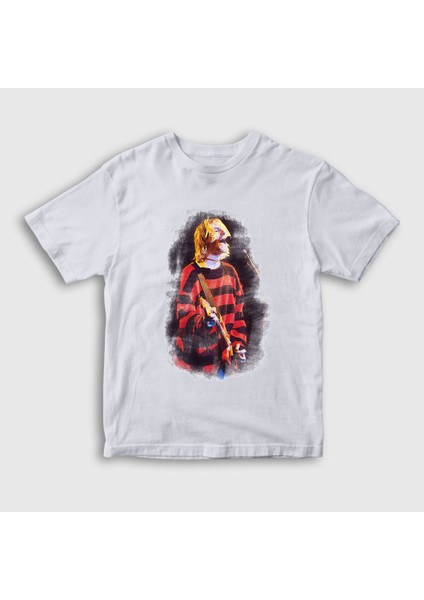Unisex Çocuk Beyaz Watercolor Nirvana Kurt Cobain T-Shirt