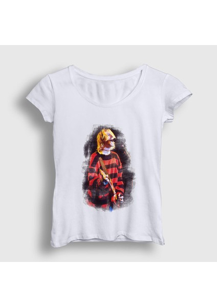 Kadın Beyaz Watercolor Nirvana Kurt Cobain T-Shirt