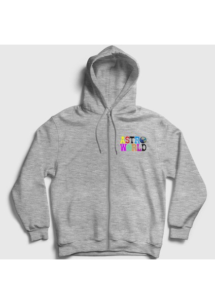 Unisex Gri Astroworld V2 Travis Scott Fermuarlı Kapüşonlu Sweatshirt
