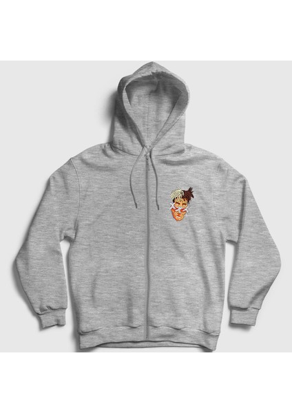 Unisex Gri Melting XXXTentacion Fermuarlı Kapüşonlu Sweatshirt
