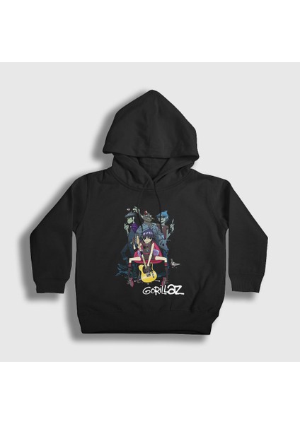 Unisex Çocuk Siyah Band Gorillaz Kapüşonlu Sweatshirt