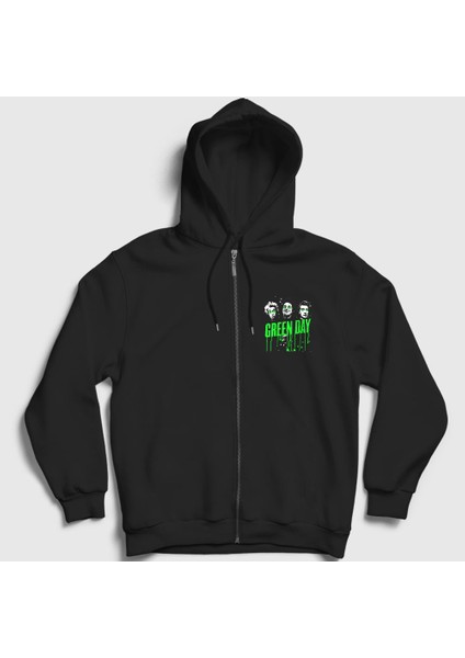 Unisex Siyah Uno Green Day Fermuarlı Kapüşonlu Sweatshirt