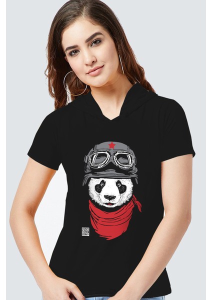 Bandanalı Panda Siyah Kapşonlu Kısa Kollu Kadın T-Shirt