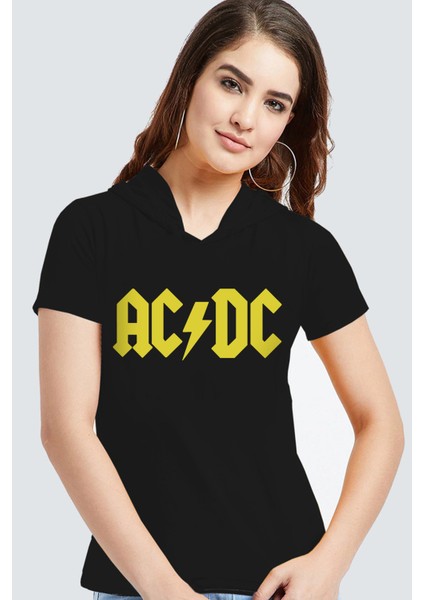 Acdc Siyah Kapşonlu Kısa Kollu Kadın T-Shirt