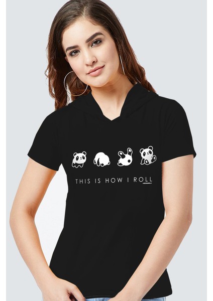 Panda Taklası Siyah Kapşonlu Kısa Kollu Kadın T-Shirt