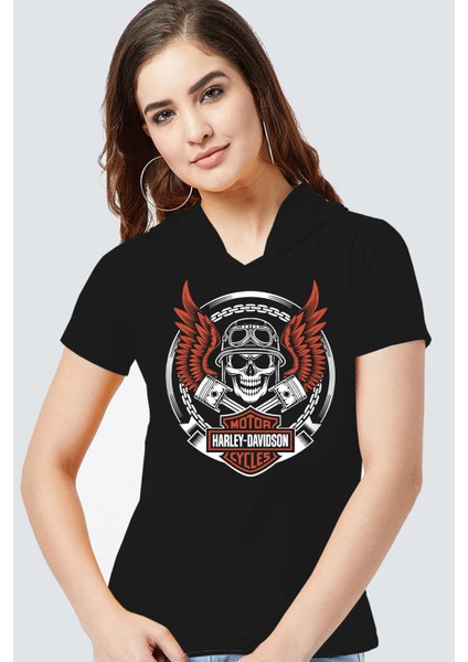 Motorcu Kurukafa Siyah Kapşonlu Kısa Kollu Kadın T-Shirt