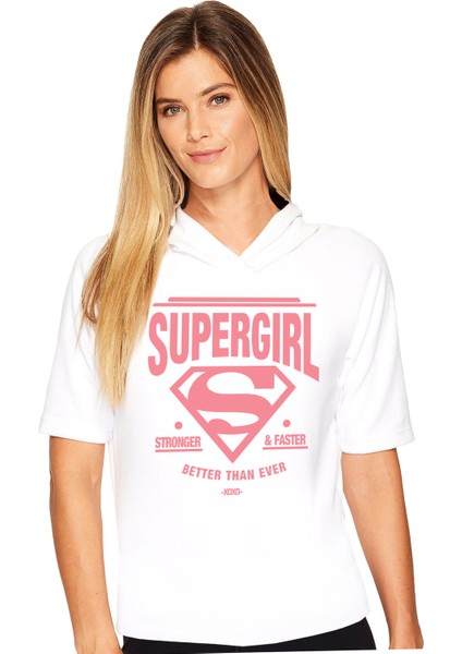 Süperabla Beyaz Kapşonlu Kısa Kollu Kadın T-Shirt