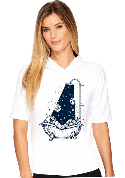 Astro Duş Beyaz Kapşonlu Kısa Kollu Kadın T-Shirt