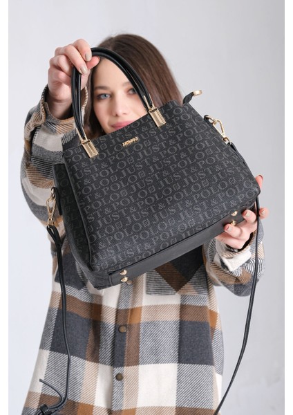 Siyah Kadın Baskı Desen 3 Bölmeli El ve Omuz Çanta JPT2120 indirimleri