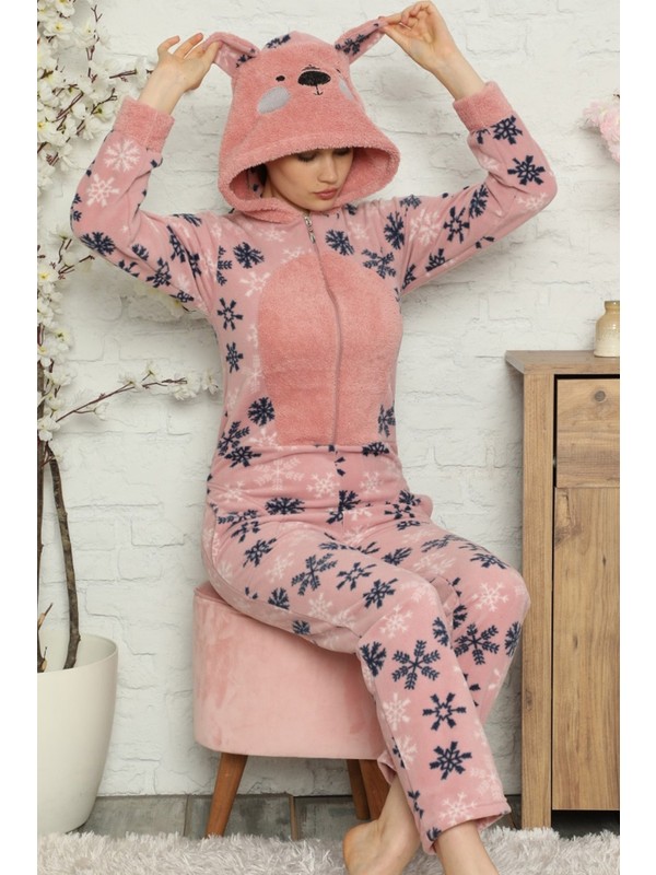 Pijama Evi Kartanesi Desenli Kadın Polar Peluş Tulum Pijama