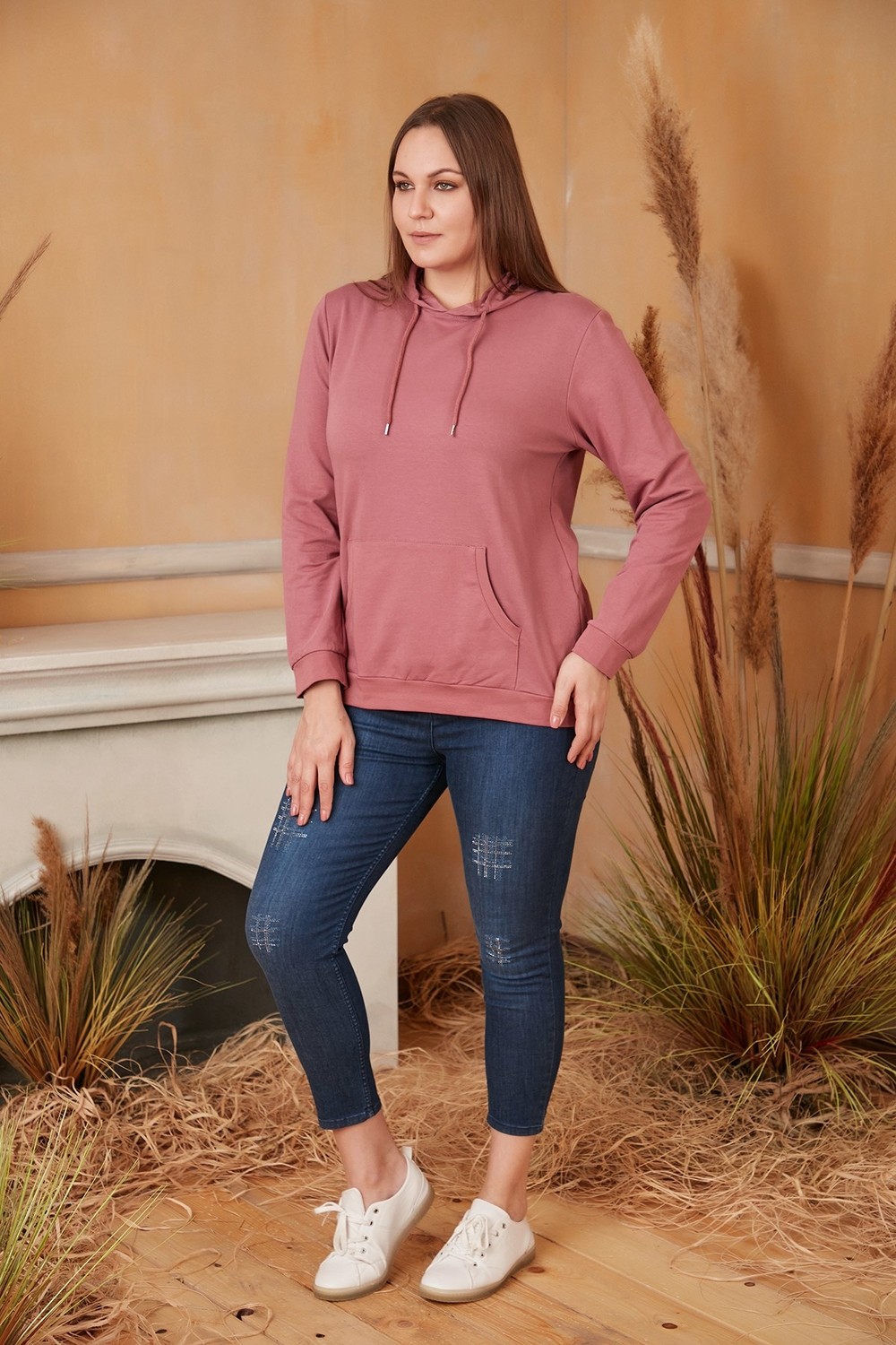 Rmg Kapşonlu Büyük Beden Gülkurusu Sweatshirt görsel 4