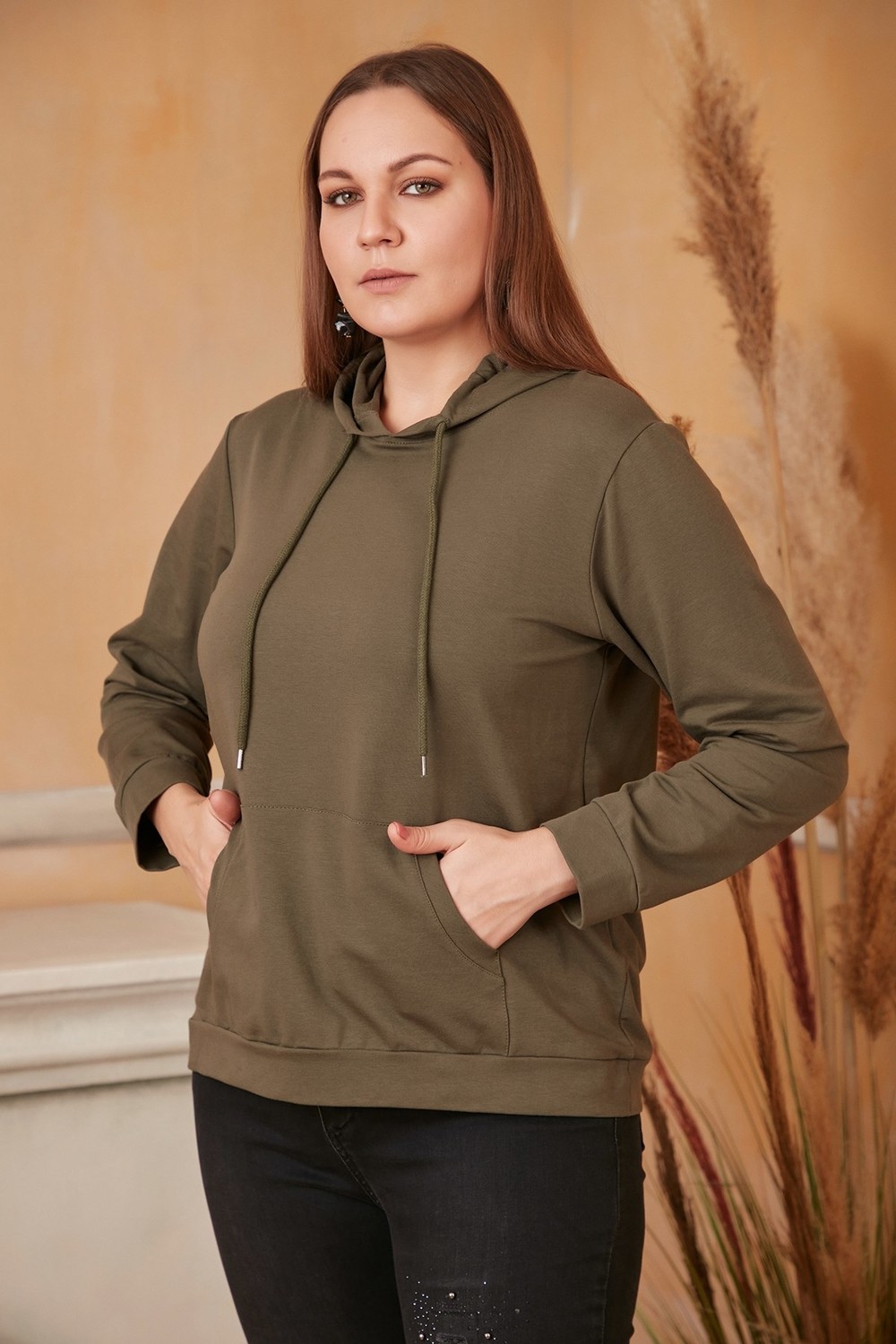 Rmg Kapşonlu Büyük Beden Haki Sweatshirt