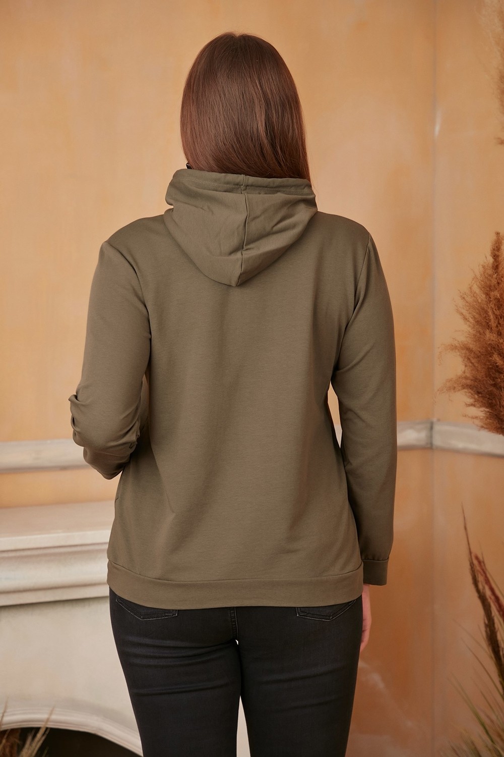 Rmg Kapşonlu Büyük Beden Haki Sweatshirt görsel 3