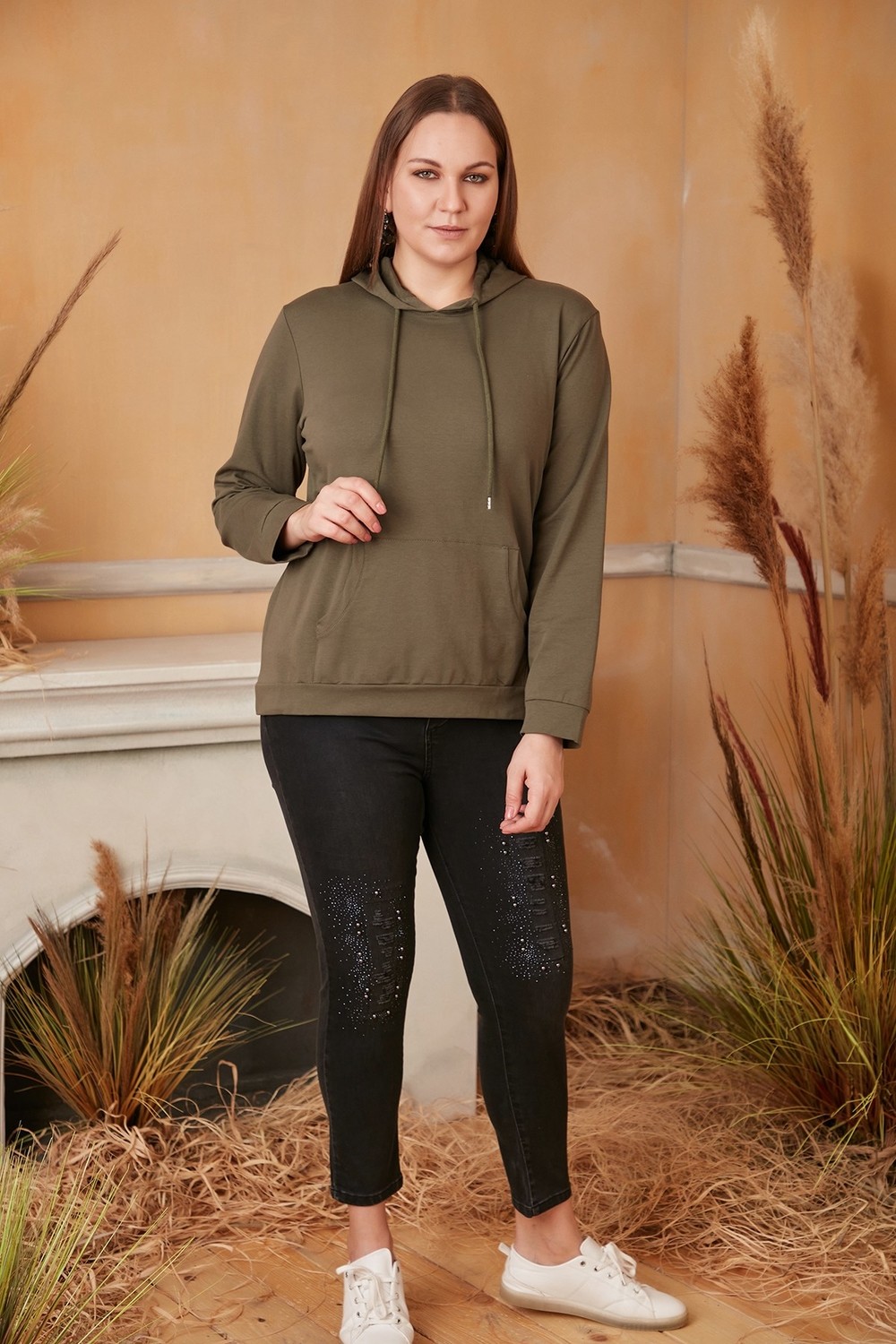 Rmg Kapşonlu Büyük Beden Haki Sweatshirt görsel 4