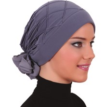 ELYSIANfidan Lüks Nervürlü Arkası Şifon Aksesuarı Koyu Gri Hazır Türban Tesettür Bone