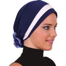 ELYSIANfidan Katlı Arkası Organze Güllü Lacivert-Krem Hazır Türban Tesettür Bone