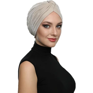 Fidan Bone Simli Pike Çapraz Bantlı Astarlı Bej Hazır Türban Tesettür Bone