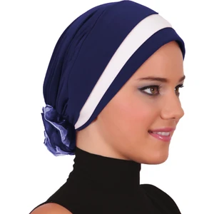 Fidan Bone Katlı Arkası Organze Güllü Lacivert-Krem Hazır Türban Tesettür Bone