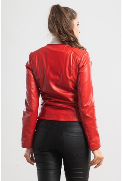 Ata Leather Kadın Kırmızı Kapüşonlu Spor Deri Ceket