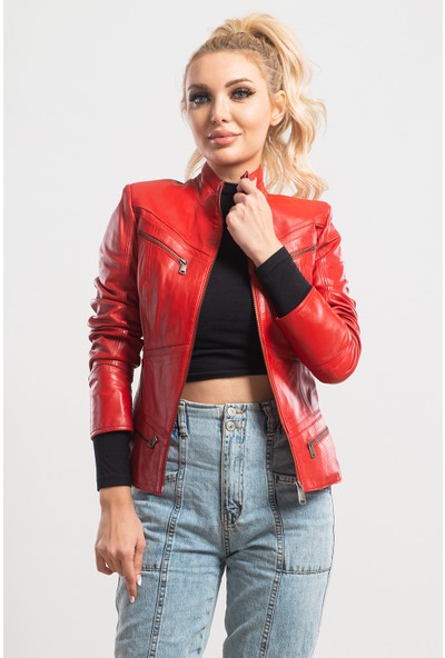 Ata Leather Kadın Kırmızı Deri Ceket