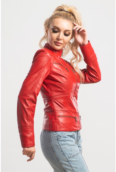 Ata Leather Kadın Kırmızı Deri Ceket