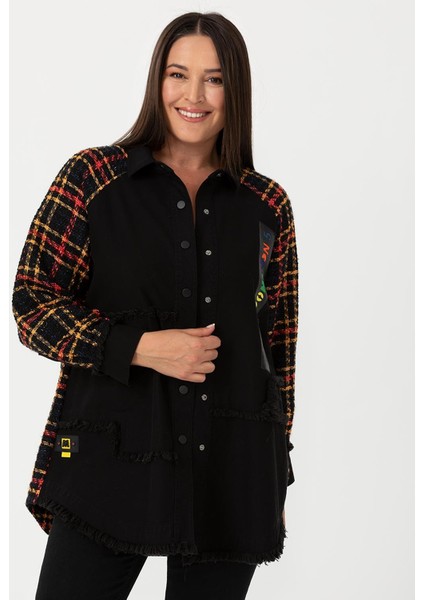 Galaxı Büyük Beden Kare Desen Detaylı Ceket