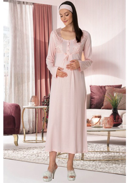 Pijama Kadın Dantelli Pudra Hamile Lohusa Gecelik 5343