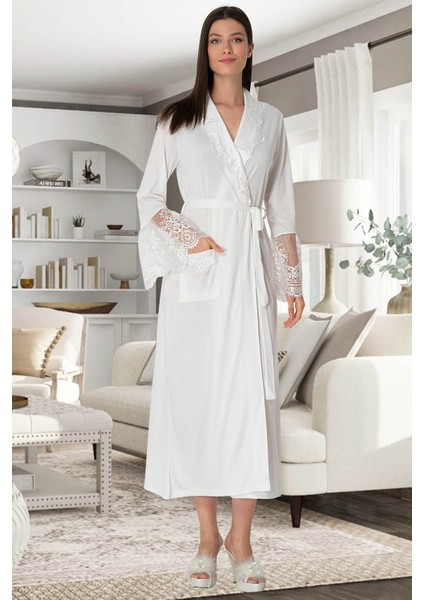 Pijama Kadın Dantelli Ekru Hamile Lohusa Sabahlık 5342