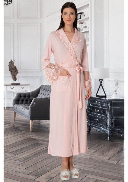 Pijama Kadın Dantelli Pudra Hamile Lohusa Sabahlık 5342