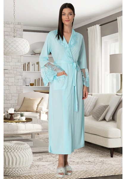 Pijama Kadın Dantelli Turkuaz Hamile Lohusa Sabahlık 5342