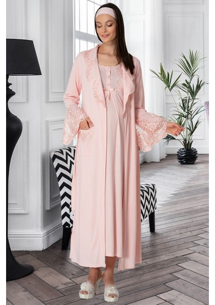 Pijama Kadın Pudra Sabahlıklı Lohusa Gecelik Takım 5354