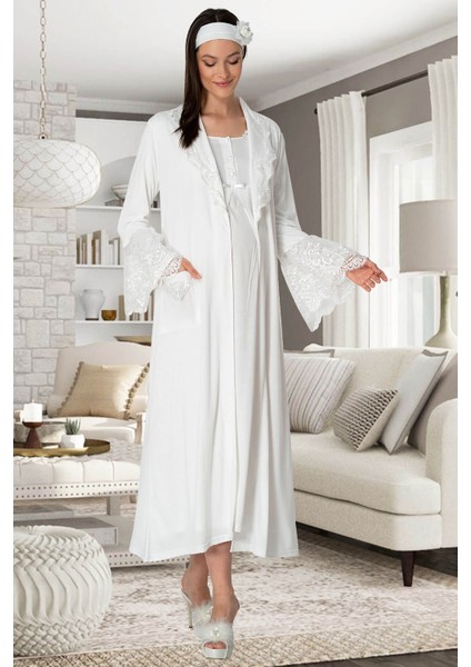 Pijama Kadın Ekru Sabahlıklı Lohusa Gecelik Takım 5354